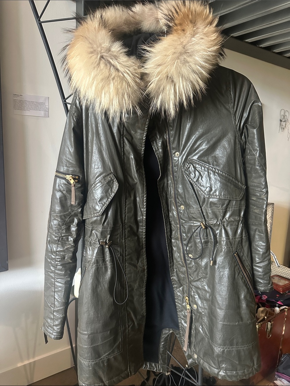 SAM. Olive Green Leather Parka with Tan Real Fur Trim